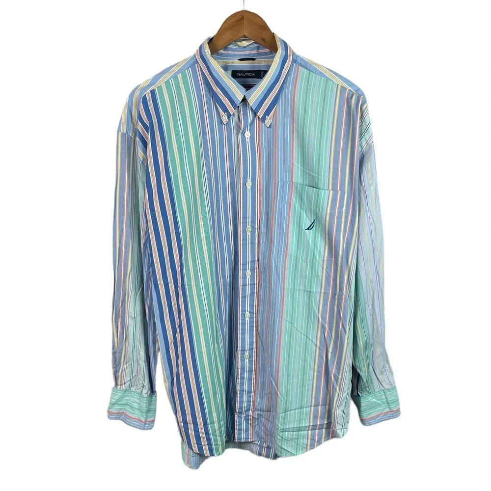 BF966 Mens Nautica Designer Brand Preppy Striped Button Down Shirt XL
